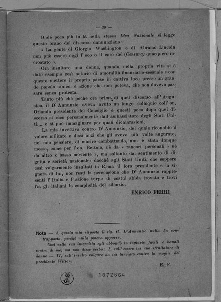 Le colpe della guerra. Discorso parlamentare pronunziato nella tornata del 9 luglio 1919. Con polemica dannunziana